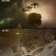 A before-and-after graphics comparison, showing a sparse view of space with an asteroid and a few floating installations in one image, and more elaborate, detailed, well-lit rock formations in the other.